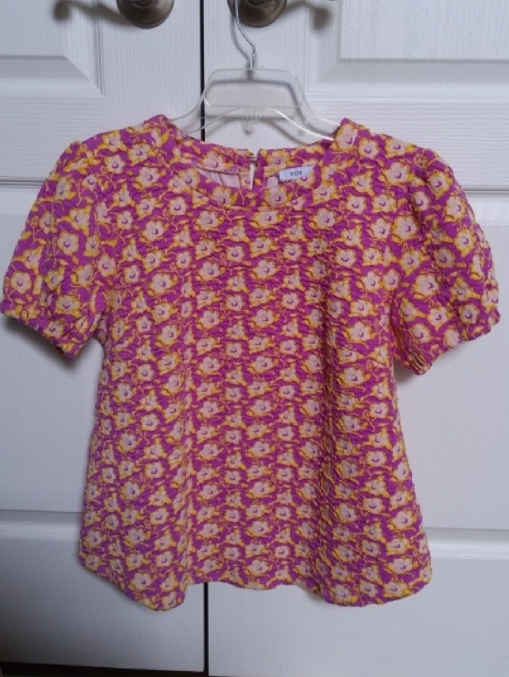 VOY Magenta & Yellow Floral Puff-Sleeve Blouse